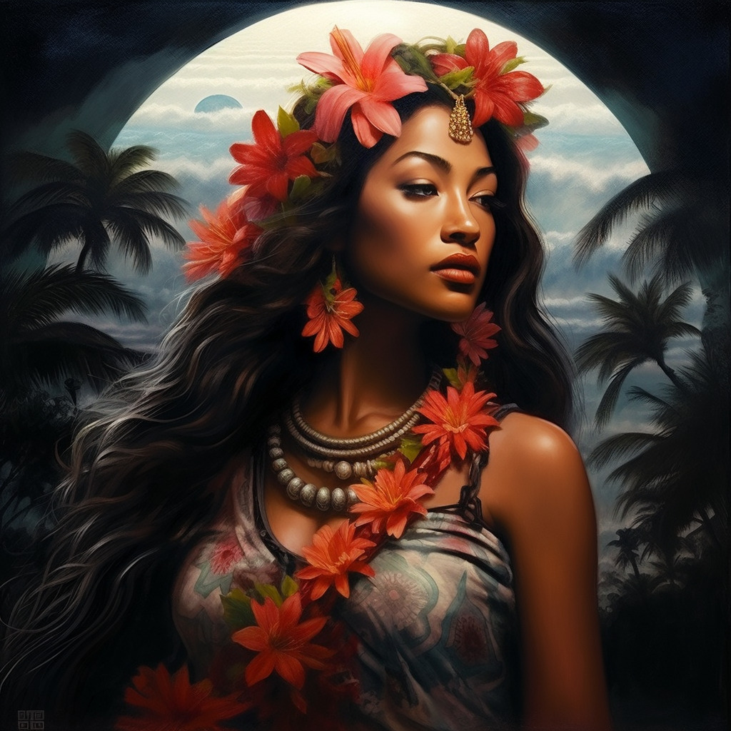Signification spirituelle des fleurs à travers un portrait peint de la déesse Hina dans la culture hawaïenne symbole de la fleur d'hibiscus.