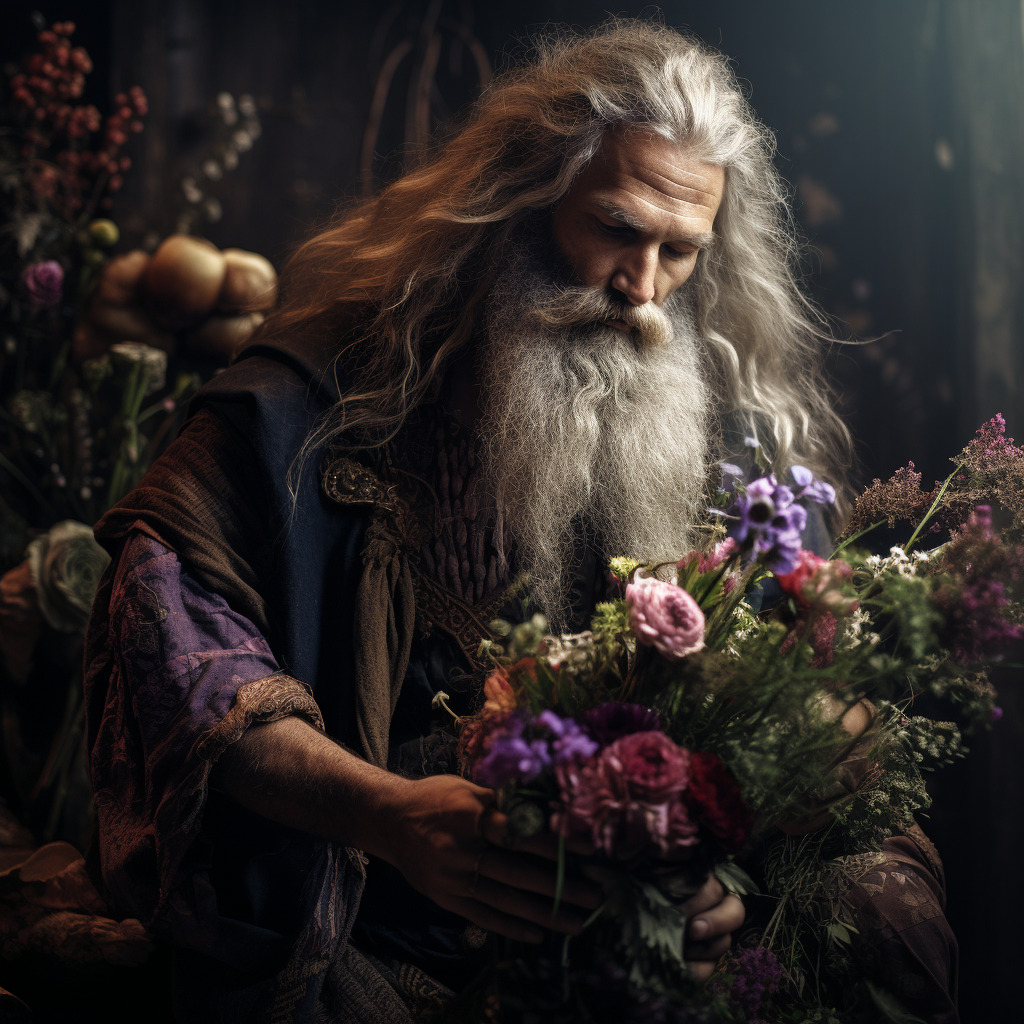 Un viel homme, druide celtique tenant des fleurs pour en étudier la signification spirituelle