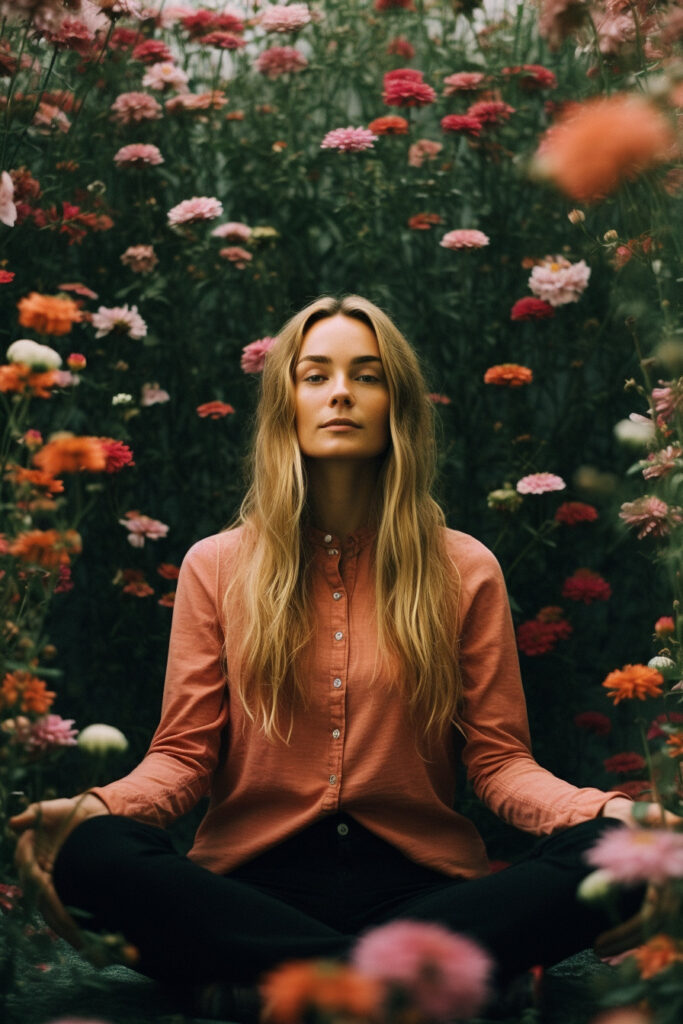 Une femme faisant de la meditation  dans un champs de fleurs