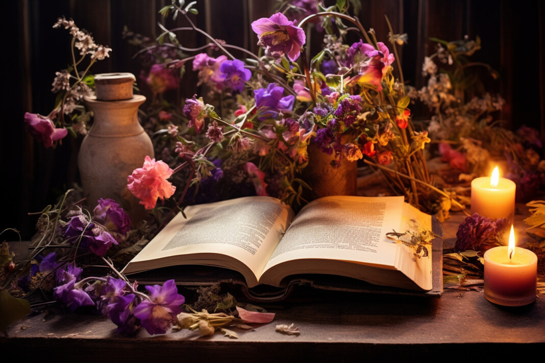 livre ouvert sur une tables avec des fleurs pour etudier la signification spirituelle des fleurs