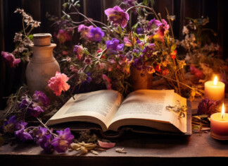 livre ouvert sur une tables avec des fleurs pour etudier la signification spirituelle des fleurs