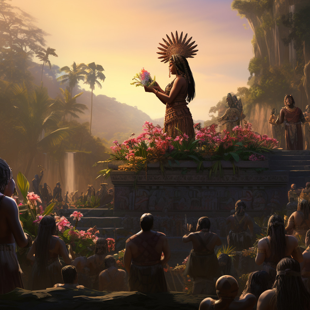 Une tribu ancienne présentant des fleurs comme offrande a leur dieu