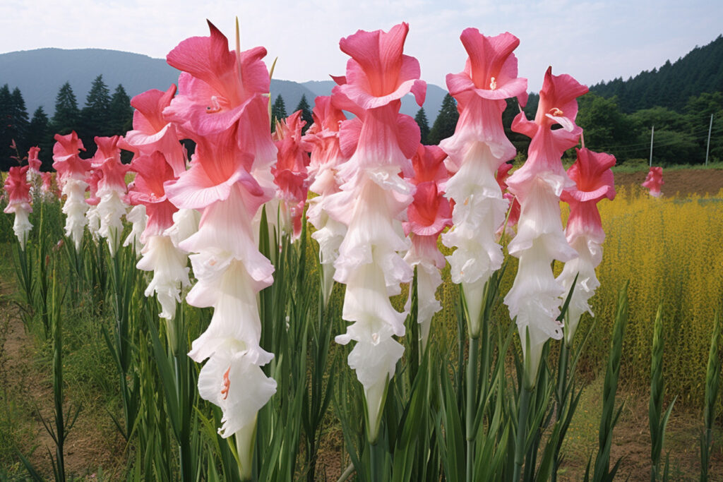 Un champs de fleurs de gladiolus ou glaieul