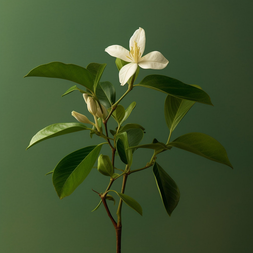 une fleur ouvert blanche de jasmin avec 3 fleurs clos le long de la branche