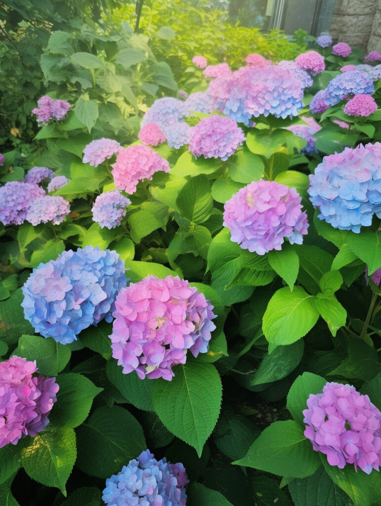 Des fleurs de hortensia bleues et roses