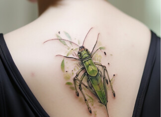 Une femme présentant fièrement son tatouage de sauterelle détaillé et vibrant de couleur.