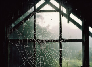 Une grande toile d'araignée mystérieuse suspendue dans le coin d'une maison, évoquant un sentiment de peur.
