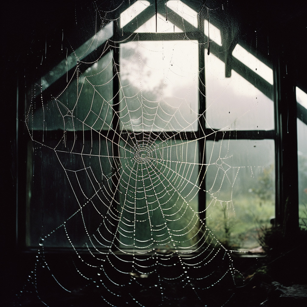 Une grande toile d'araignée mystérieuse suspendue dans le coin d'une maison, évoquant un sentiment de peur.