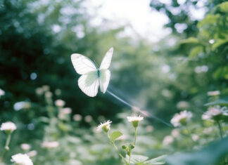 Un papillon blanc majestueux volant dans une forêt luxuriante, symbolisant la transformation et la pureté.