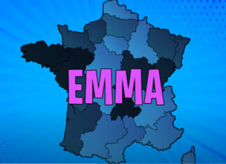 Carte colorée de la France illustrant la présence du prénom Emma dans différentes régions, avec une concentration du mot "Emma" au centre