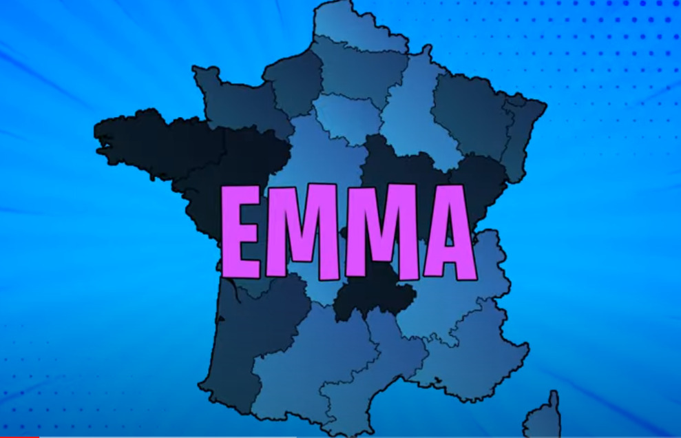 Carte colorée de la France illustrant la présence du prénom Emma dans différentes régions, avec une concentration du mot 