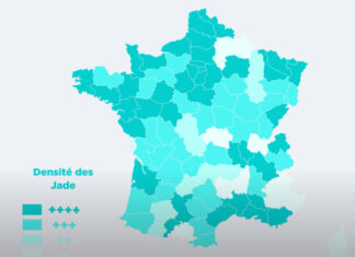 Carte colorée des régions de France indiquant la présence du prénom Jade.