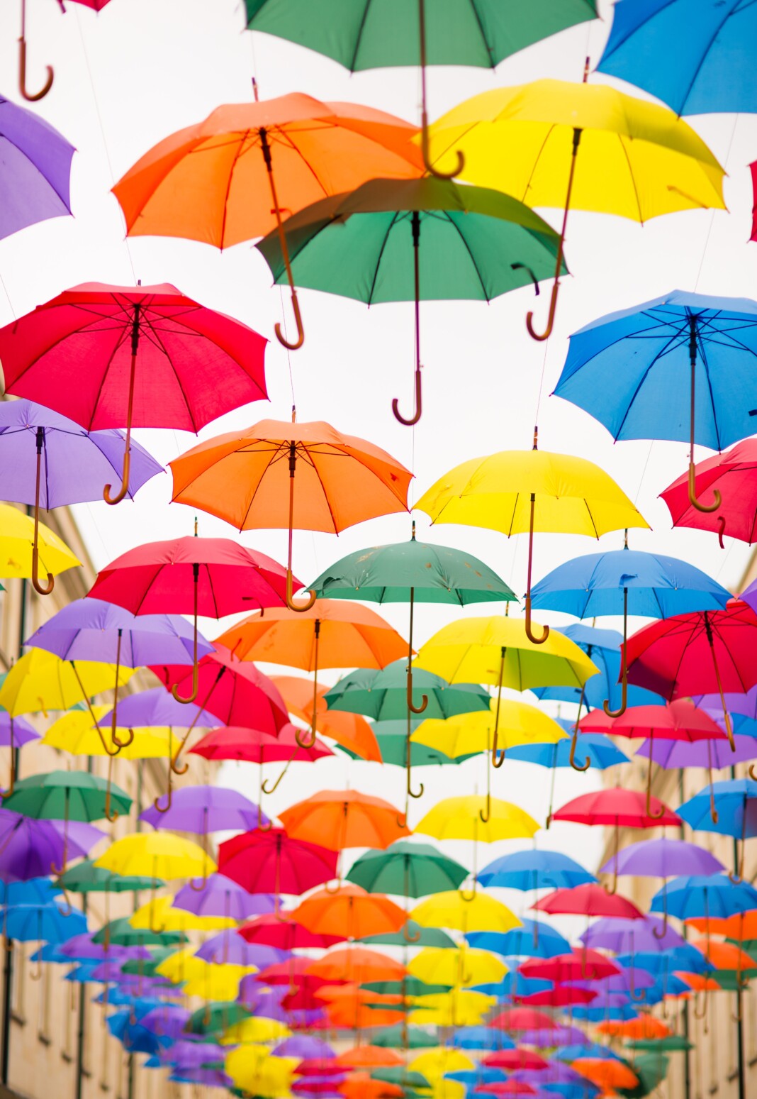 Une collection de parapluies multicolores suspendus en décoration à Orléans, Centre-Val de Loire, France.